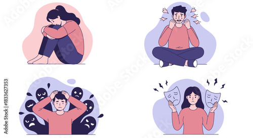 A vector illustration set depicts various emotional states and mental health challenges, showcasing individuals experiencing stress, anxiety, sadness, and other psychological conditions, presented in