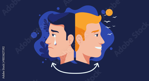 A vector illustration depicts a person with bipolar disorder, showing contrasting emotions of sadness and happiness, representing the complexities of mental health and emotional states.