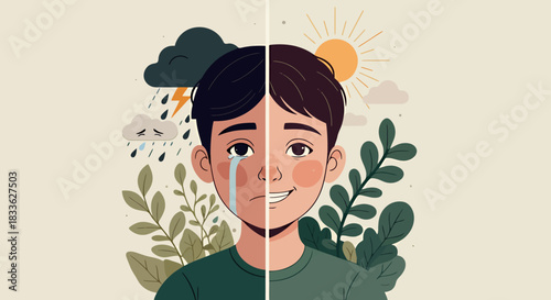 This compelling illustration visually represents the duality of human emotions, contrasting sadness with joy and highlighting mental health awareness.