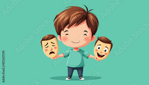 A cheerful cartoon boy, rendered in a vector style, holds two masks depicting contrasting emotions, symbolizing mood swings and emotional health against a soft teal background.