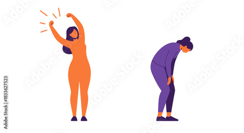 A vector illustration depicts two women, one energetic and the other fatigued, representing physical health and the impact of diseases with a clean, modern design.