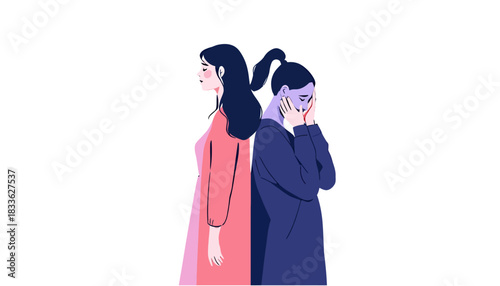 Vector illustration depicting the emotional toll of mental health issues, showing a woman struggling with depression alongside a healthier version of herself, isolated on white.