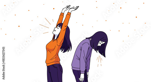 Vector illustration depicting two women, one healthy and energetic, the other sick with visible symptoms, showcasing the contrast between health and diseases.