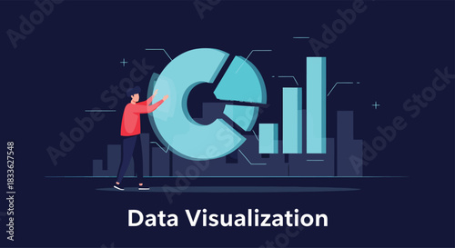 Man interacts with a large pie chart and bar graph in a modern office, representing data analysis and business intelligence, with a sleek and professional theme.