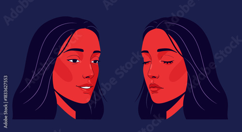 This vibrant vector illustration portrays two women's profiles with reddish complexions, symbolizing various emotional states, health concerns, or feverish conditions.