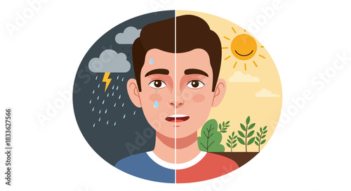 A compelling vector illustration visually represents the complex duality of human emotions, depicting a man's face divided between a gloomy, rainy state and a bright, sunny, joyful disposition.