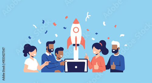 Diverse team celebrating successful rocket launch from laptop, symbolizing innovation and teamwork in a modern, digital age.