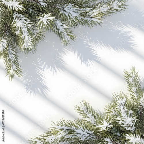 Snowy pine branches arranged as a natural frame on a white background, with soft shadows and a clean winter botanical aesthetic suitable for seasonal designs