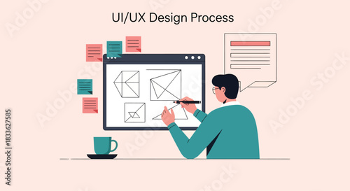 Designer creating wireframes on computer screen in modern office, showcasing user interface and experience process with sticky notes and coffee cup, creative and professional.
