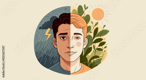 A vector illustration depicts a person split in half, with one side representing a gloomy, stormy state and the other a bright, sunny, and healthy disposition, conveying mental health concepts.