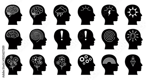 A set of vector illustrations showing different mental states and brain conditions, providing a visual representation of psychological concepts and neurological diseases.