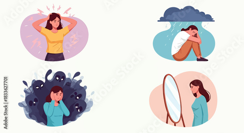 Modern vector illustrations depict women experiencing various mental health issues, including stress, anxiety, depression, and body image concerns, against a clean white background.