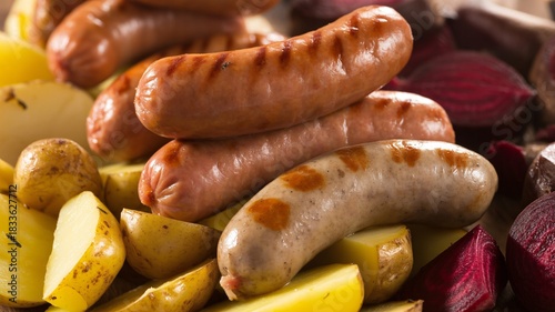 Fototapeta Naklejka Na Ścianę i Meble -  Enjoy grilled sausages with golden potatoes and beets for a delightful lunch