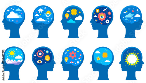 A vibrant vector illustration showcasing diverse mental states and cognitive processes, represented by colorful imagery within stylized human head silhouettes, perfect for educational and conceptual