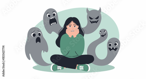 A young woman sits surrounded by cartoonish ghost-like figures, illustrating feelings of anxiety, fear, and mental health struggles against a soft green backdrop, presented in a vector graphic.