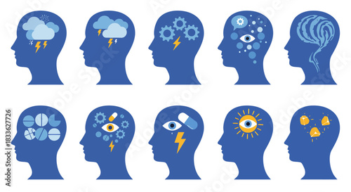 Conceptual vector illustration showcasing different mental health conditions and neurological diseases represented inside human head silhouettes against a clean, white background.