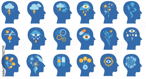 A collection of diverse human head profiles filled with abstract vector icons representing various mental states, thoughts, and psychological concepts.