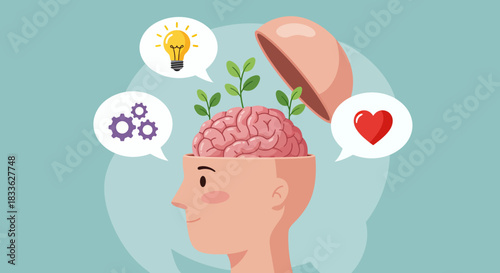 A colorful vector illustration features an open human head with a brain growing plants, symbolizing mental health, positive thinking, and emotional well-being.