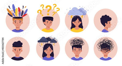 A vector illustration depicting various mental health conditions, including stress, anxiety, and confusion, represented by symbolic imagery above the heads of diverse individuals, conveying emotional