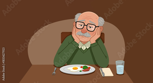This vector illustration depicts a senior man experiencing sadness and mental health issues, sitting alone at a table with an uneaten plate of food.