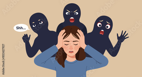 A vector illustration depicts a woman experiencing stress and depression, surrounded by shadowy figures representing negative emotions, emphasizing mental health challenges and the need for support.