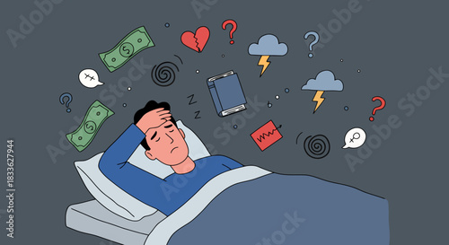 A vector illustration depicts a man lying in bed, experiencing stress and depression, with thought bubbles showing financial worries, relationship issues, and other anxieties, in a flat design style.