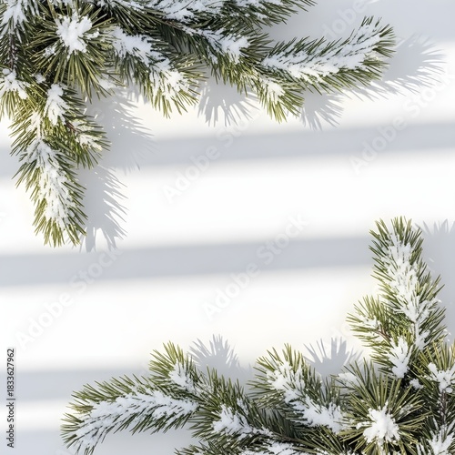 Snowy pine branches arranged as a natural frame on a white background, with soft shadows and a clean winter botanical aesthetic suitable for seasonal designs