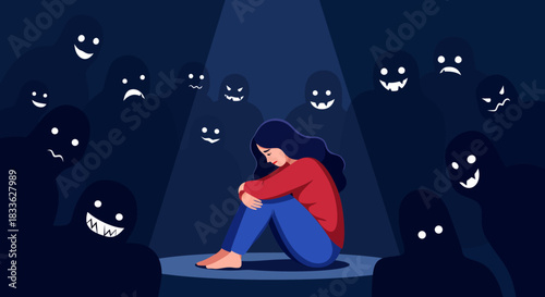 A lonely woman is illuminated by a single light source, surrounded by menacing shadowy figures representing her internal struggles with stress and depression.