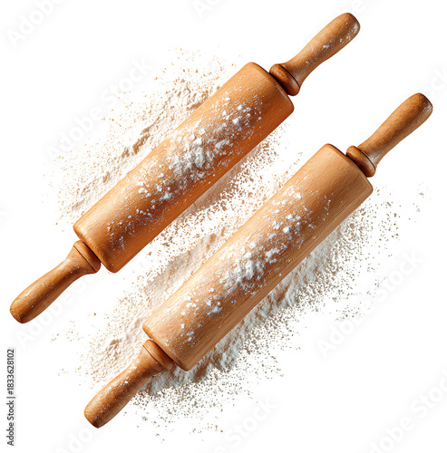  set of wooden rolling pins with flour, isolated on a transparent background.