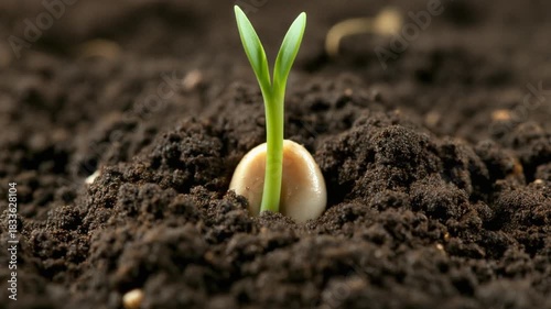 A tiny green sprout emerging from the dark soil, symbolizing new beginnings and growth.
