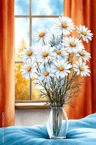 A vase of white daisies sits on a bed with a window in the background. The vase is filled with water and the flowers are arranged in a way that makes them look like they are in a field
