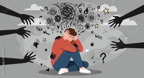 A vector illustration depicts a person overwhelmed by stress and depression, surrounded by shadowy hands and thought bubbles, representing mental health struggles and the need for support.