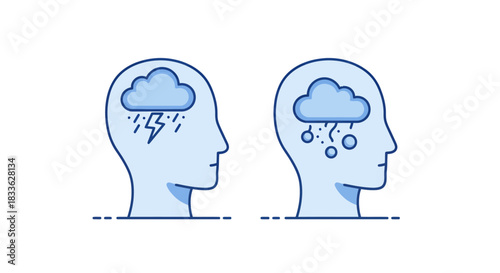 A vector illustration depicts two human head profiles, each featuring a weather cloud inside, symbolizing stress and depression, rendered in a clean, modern, and minimalist style on a white