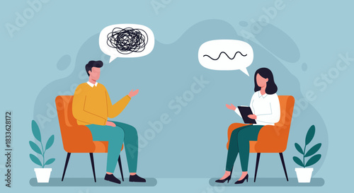 A vector illustration depicts a therapy session, showcasing a person sharing their mental health concerns, with a therapist providing support and guidance within a calm, supportive environment.