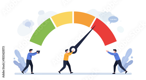 A vector illustration depicts individuals struggling to manage a meter indicating stress levels, highlighting the challenges of mental health and emotional burden.
