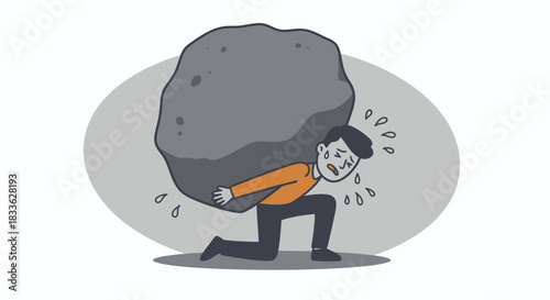 A struggling man carries an immense rock on his back, symbolizing the overwhelming burden of stress, depression, and immense pressure in life.