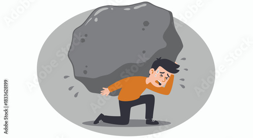A man struggles under the immense weight of a large rock, symbolizing overwhelming stress, depression, and the heavy burden of life's challenges.