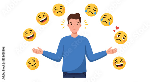 A vector illustration depicts a man surrounded by various emoji expressions, representing a range of emotions, including happiness, sadness, and love, symbolizing mental health and emotional