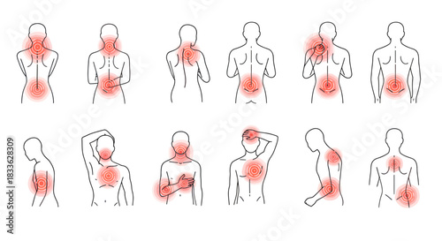 Vector illustration showing various parts of the human body affected by pain, highlighting the physical manifestations of stress and depression on the body.