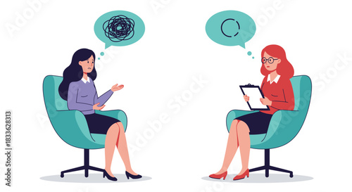 A flat vector illustration portrays a woman seeking professional help for stress and depression during a psychotherapy session with a counselor.