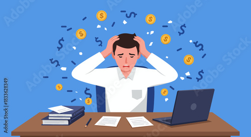 An anxious man is depicted in a vector illustration, grappling with overwhelming financial stress and work-related depression at his office desk.