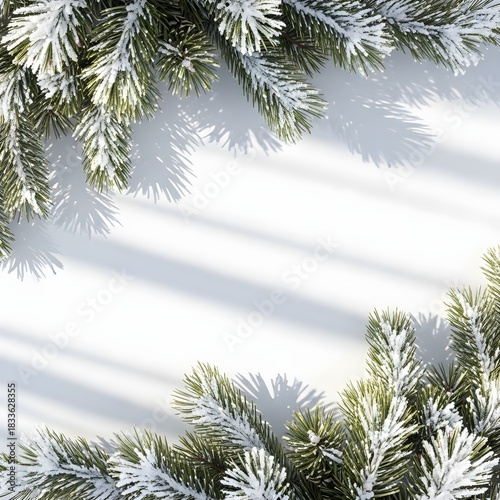 Snowy pine branches arranged as a natural frame on a white background, with soft shadows and a clean winter botanical aesthetic suitable for seasonal designs