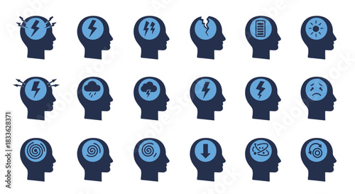 A conceptual vector illustration depicting various states of mind, including stress, depression, and anxiety, represented by symbols within human head silhouettes.