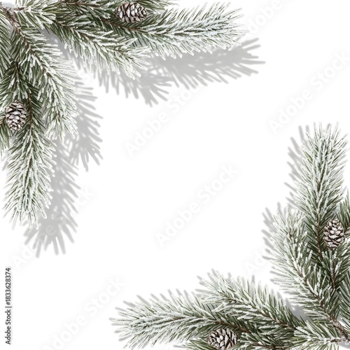 Snowy pine branches arranged as a natural frame on a white background, with soft shadows and a clean winter botanical aesthetic suitable for seasonal designs