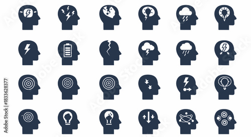 A vector illustration presents a collection of stylized head silhouettes, each depicting various mental states, emotions, and concepts related to stress, depression, and psychological well-being,