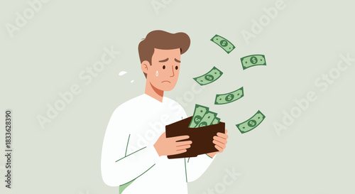 A young man experiences financial stress as dollar bills float away from his empty wallet, depicting the burden of economic hardship and anxiety in modern life.