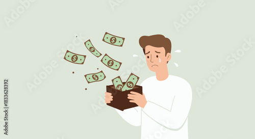 A worried man with a wallet, experiencing financial stress and depression, as money flies out, representing economic hardship and concern about finances in a vector illustration.