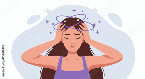 A young woman experiences overwhelming mental distress and confusion, depicted with swirling lines and stars in a modern vector illustration.