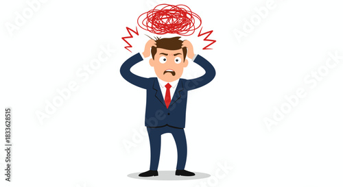 A frustrated businessman in a blue suit experiencing stress, with a red scribble above his head, indicating mental strain and the pressures of work in a vector illustration.