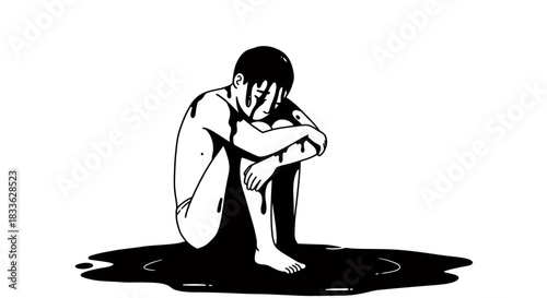 A vector image depicts a person overwhelmed by stress and depression, sitting in a pool of dark liquid, symbolizing emotional distress and mental health challenges.